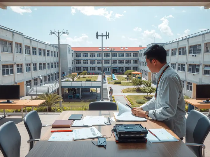 学校校园全景，包含教学楼、操场和食堂区域
