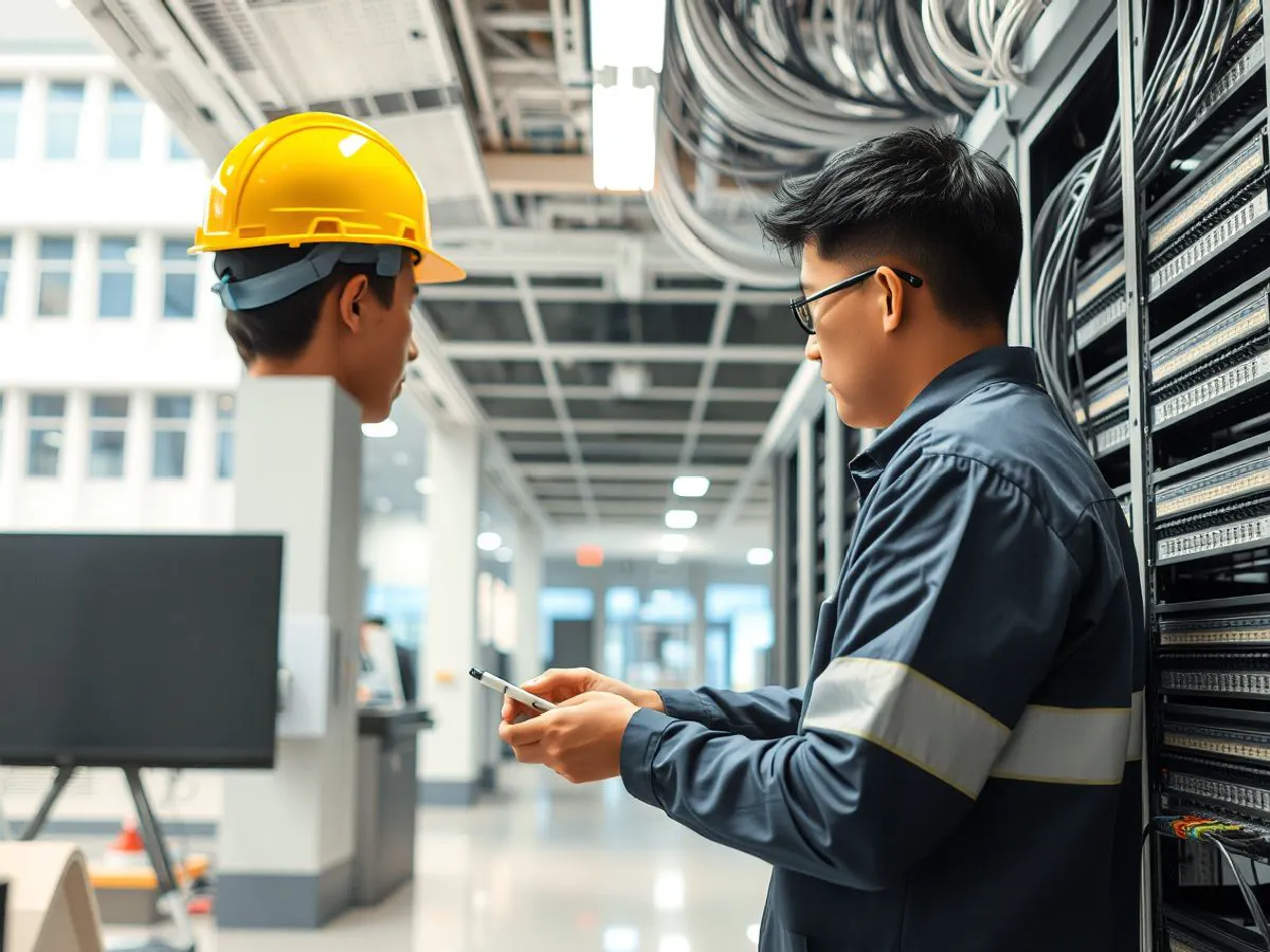 学校园区弱电建设项目现场，技术人员进行结构化布线安装